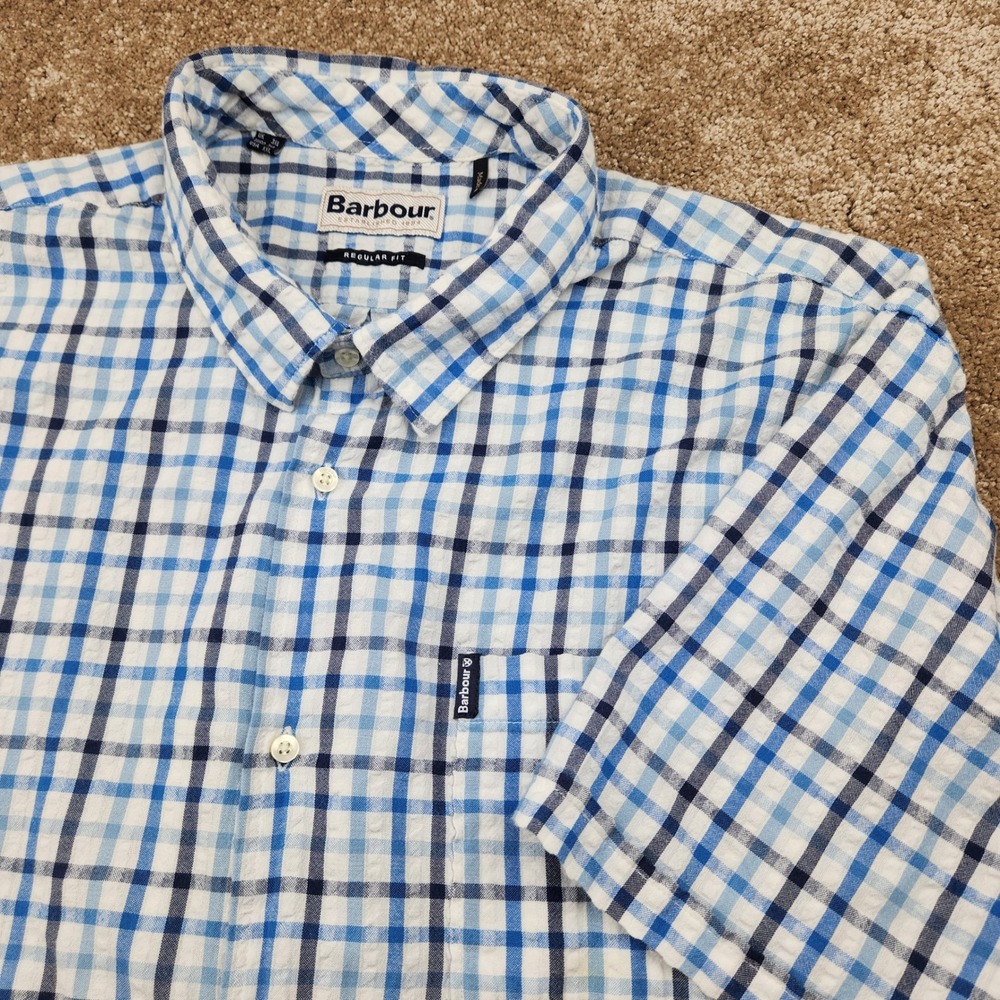Barbour Mens Blue Gingham Check Short Sleeve Button Down Shirt XXL MSH4943BL53